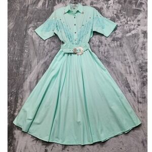 Vintage 80s Lilia Smitty Dress Womens 3/4 Green Short Sleeve Fringe Studded Midi